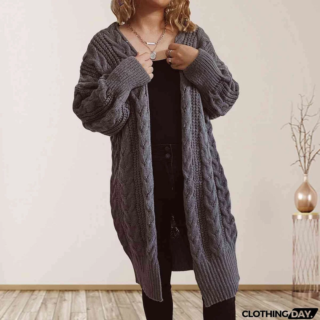 Cable-Knit Open Front Dropped Shoulder Cardigan