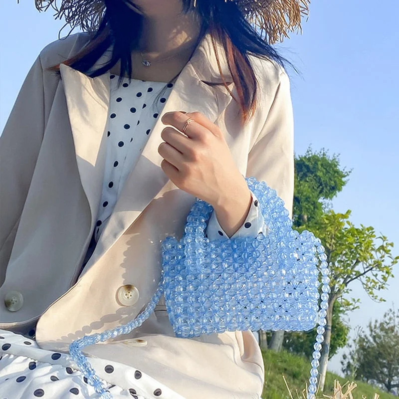 Handmade Woven Bag Multi-Color Beads Bag Women's Transparent Crystal Beaded Ins Handbag Cross-Body Diy