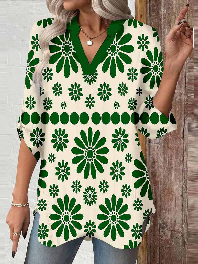Women Green, Tropical DZGA0074 3/4 Sleeve V-neck Printed Graphic Button Tops