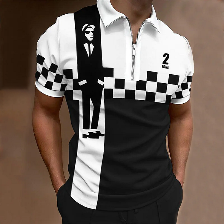 BrosWear Men'S SKA Black And White Square Print Polo Shirt