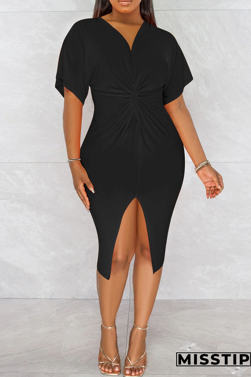 Black Fashion Casual Solid Patchwork Slit V Neck Short Sleeve Dress