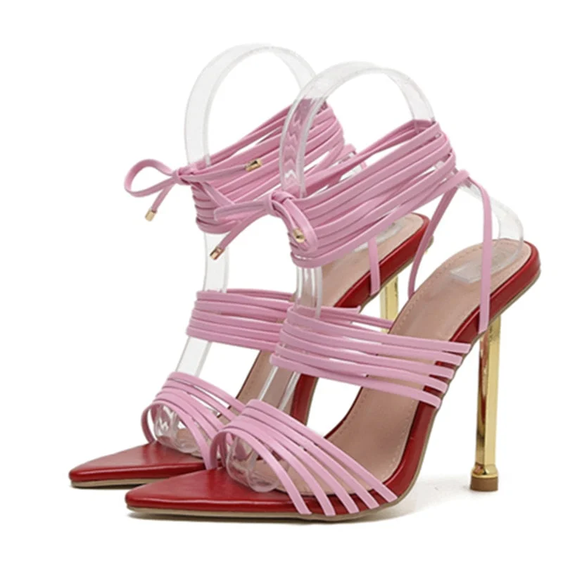  Women Sandals Rome Cross Lace Up Pointed Toe Stiletto Ankle Strap Party Shoes Women Sexy Sandals Big Size 42