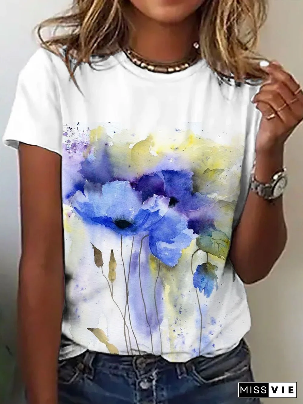 Women'S T-Shirts Floral Print Crew Neck Short Sleeve T-Shirt