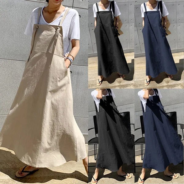 Women Summer Plus Size Strappy Maxi Sundress Loose Solid Pinafore Overalls Holiday Dress Oversized