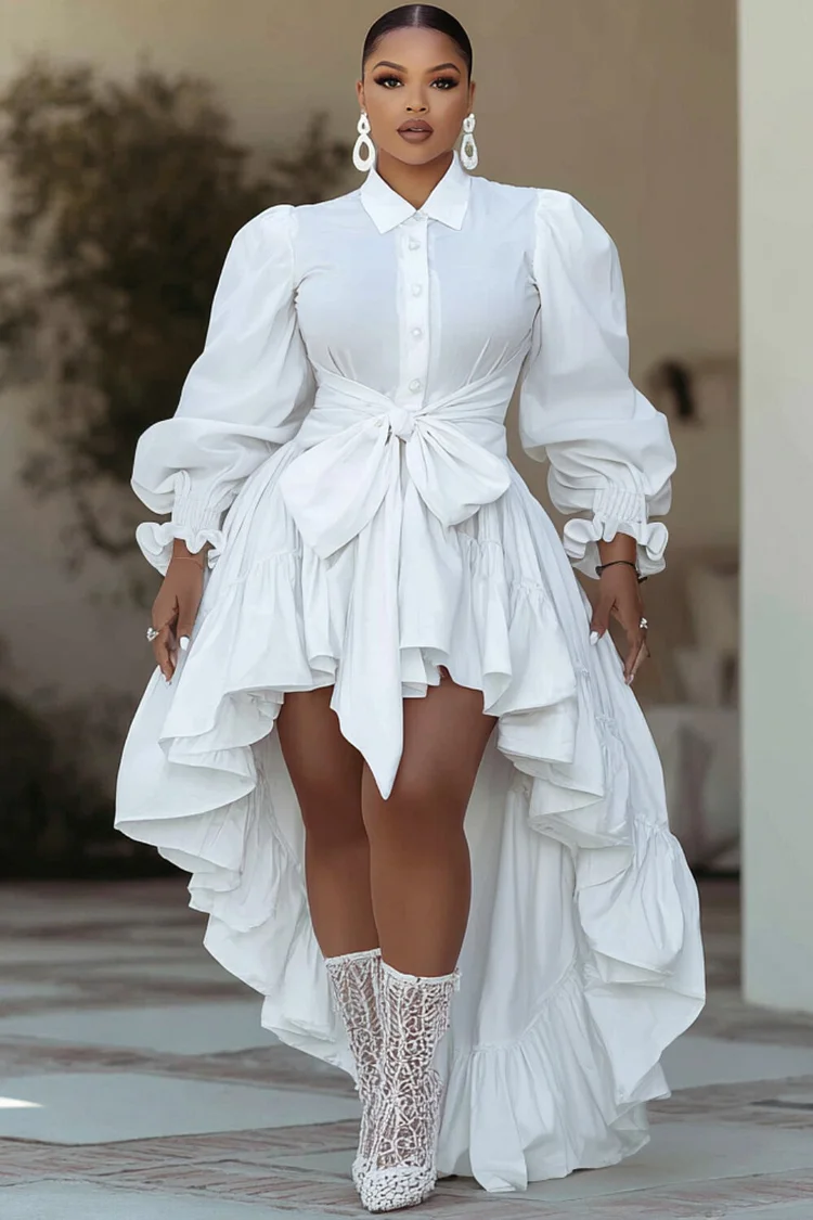 Xpluswear Design Plus Size Semi Formal White Shirt Collar Puff Sleeve Long Sleeve High Low Hem Casual Bow Tie Mini Dresses [Pre-Order]