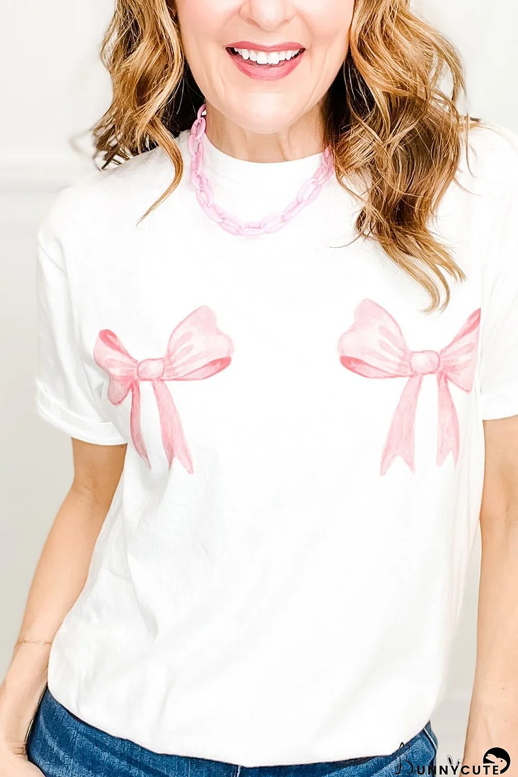 White Sweet Bow Knot Print O Neck Casual T Shirt