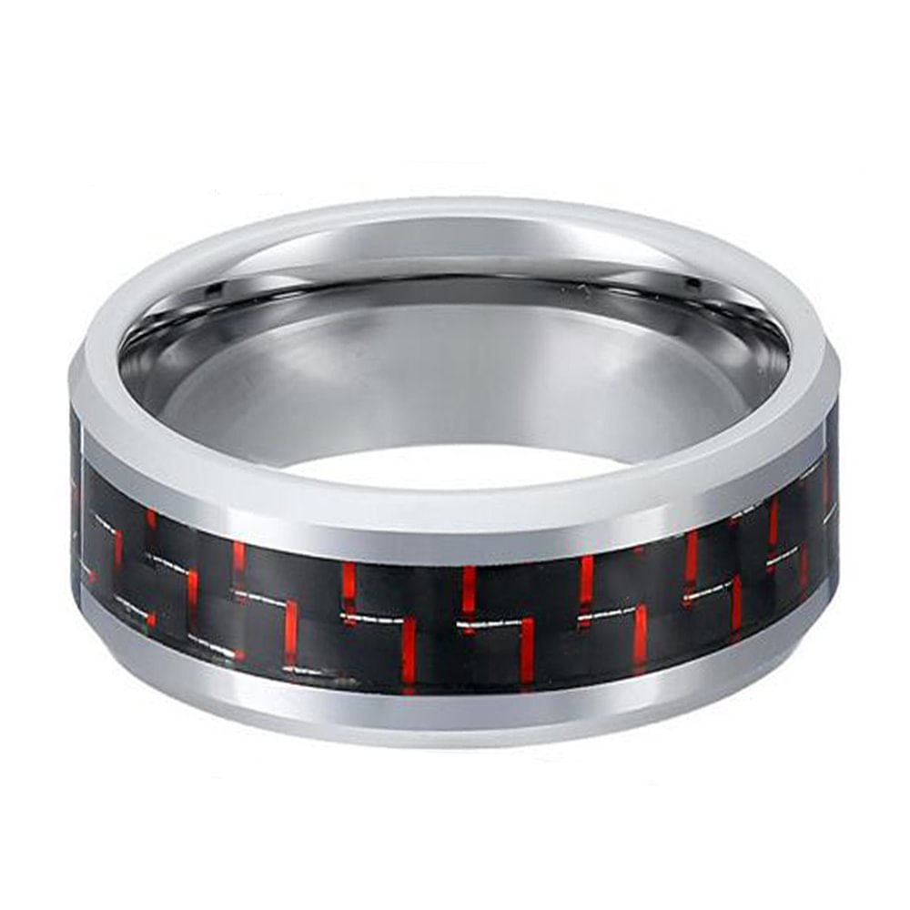 8MM Tungsten Ring Black And Red Carbon Fiber Inlay Silver Beveled Edge