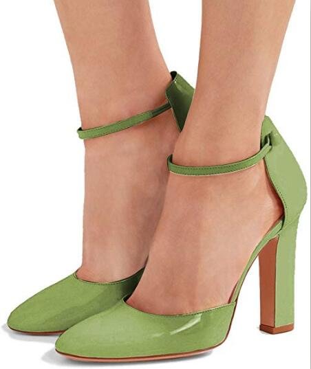 Custom Made Green Ankle Strap Chunky Heel Pumps |FSJ Shoes