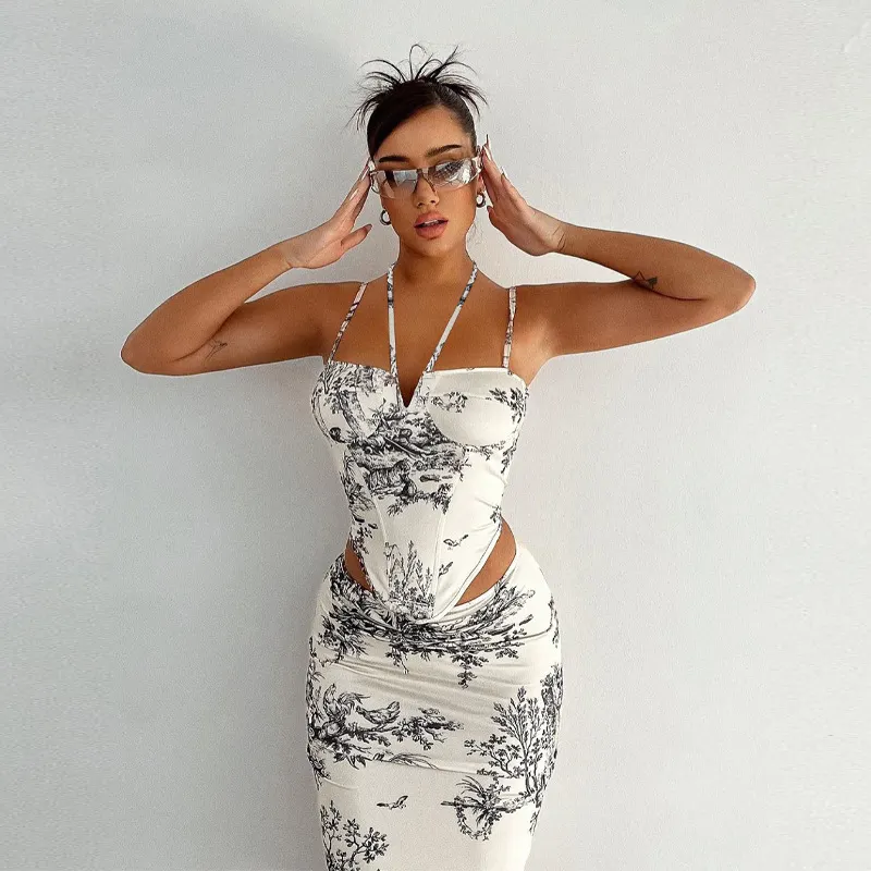 Uveng Uveng Vintage Style Slim Print Skirt Two-Piece Fashion Suit Girl