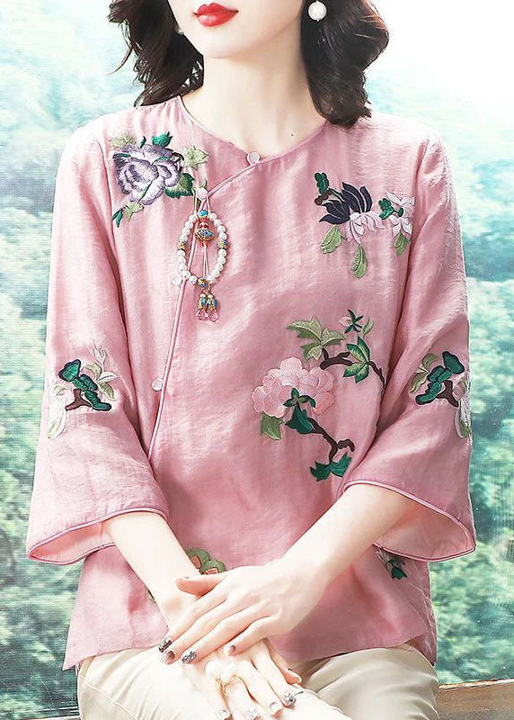 Chinese Style Pink Embroideried Patchwork Chiffon Tops Spring