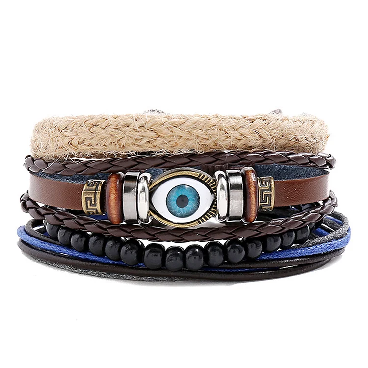 diy combination 4-piece eye leather bracelet retro braided hemp rope men's bracelet