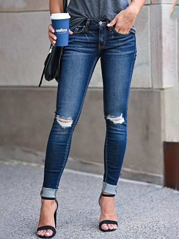 Slim-fit Women's Denim Pants with Ripped Holes