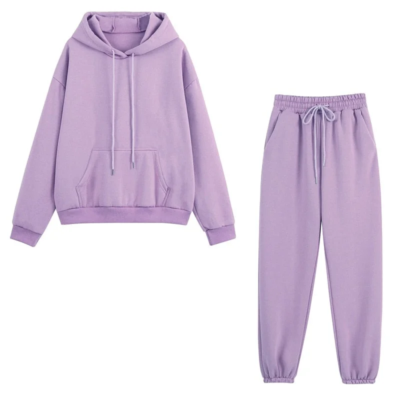 2020 Autumn Hoodies Tracksuits Sets Solid Oversize Hooded Sweatshirts 2 Pieces Sets Winter Warm Fleece Crop Tops Pants Suits