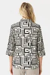 Back view of modern monochrome geometric maze print shirt for senior women