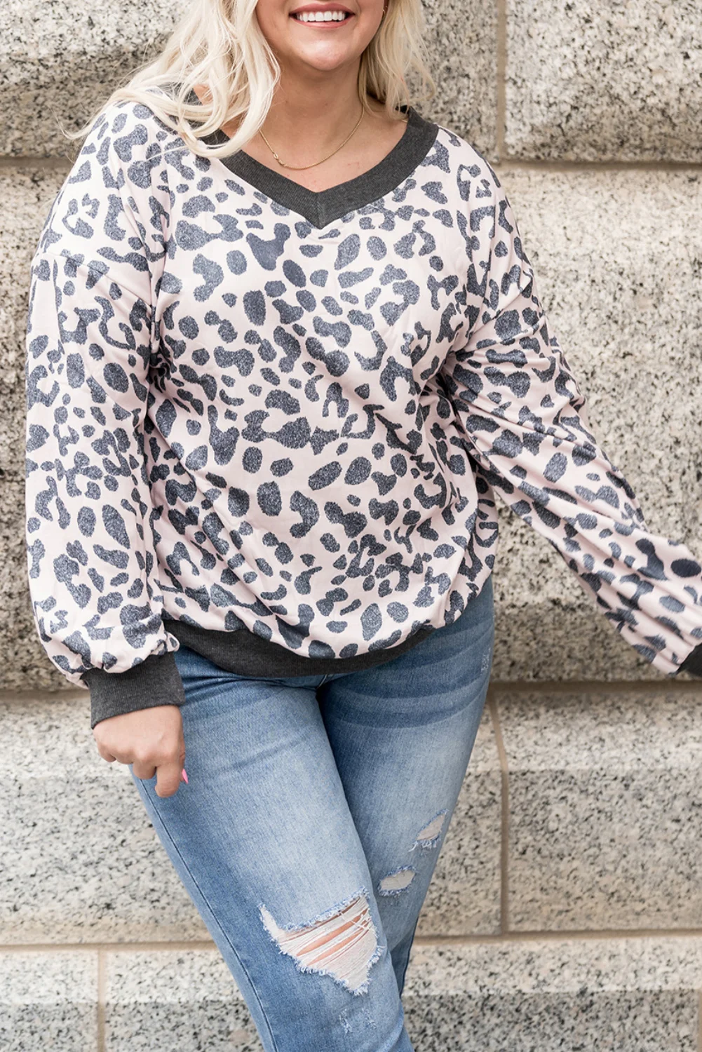 Khaki Leopard Print V Neck Loose Plus Size Blouse | IFYHOME