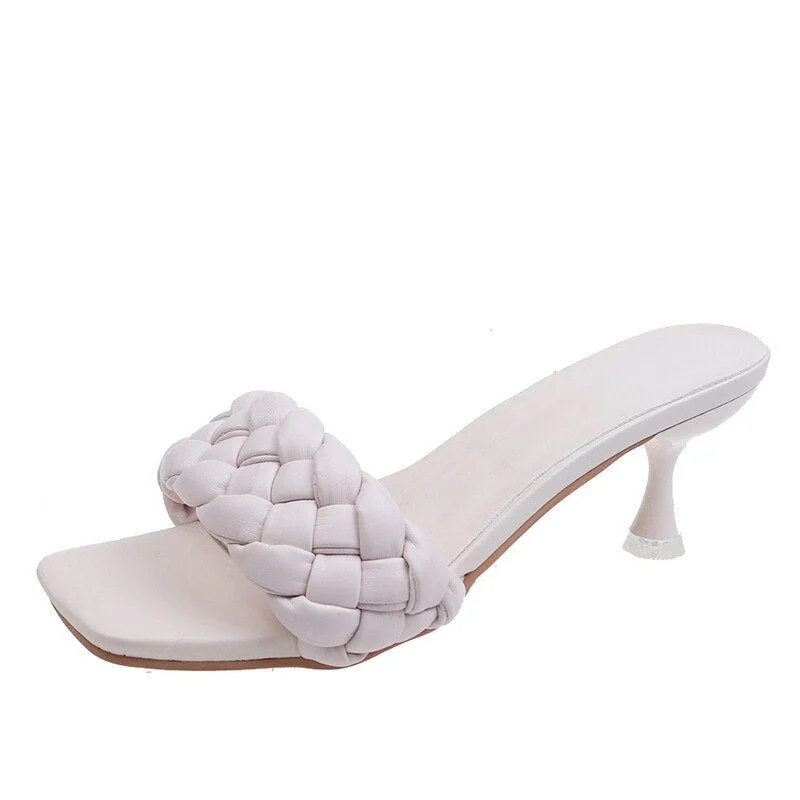 Women Slippers High Heels Chain PU Square Toe Fashion Woman Pumps Summer Sandals Outdoor Comfort Ladies Footwear New 2021