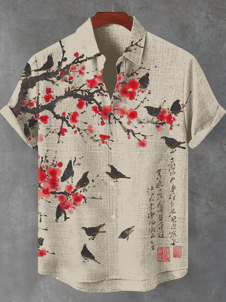 Men's Floral Bird Butterfly Art Print Short Sleeve Shirt  artssus
