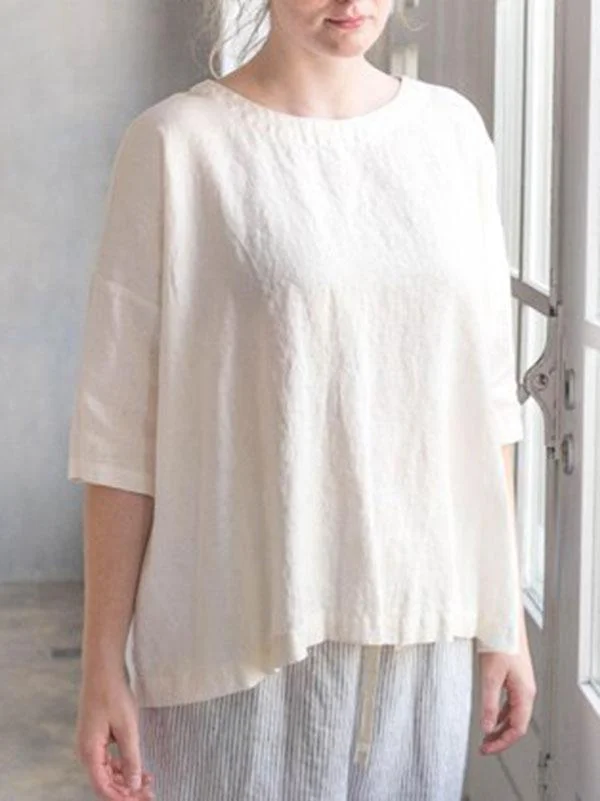 Woman's Plus Size Cotton and Linen Half Sleeve Solid Color Blouse-Mayoulove