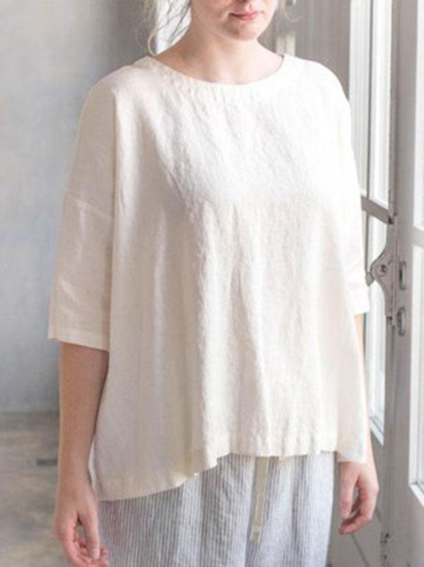 Woman's Plus Size Cotton and Linen Half Sleeve Solid Color Blouse-Mayoulove