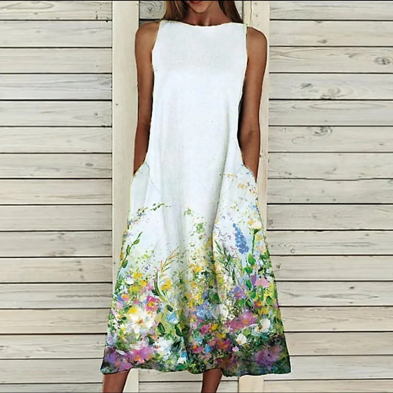 Dress 2022 O Neck Flower Print Summer Dresses For Women Fashion Pocket Sleeveless Dress Female Casual Loose Party Dress