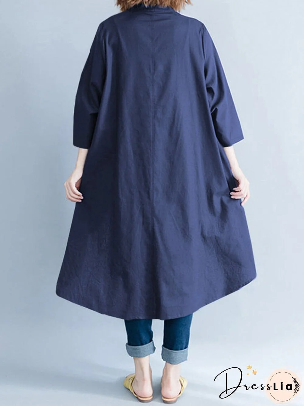 Solid Irregular Hem Button Stand Collar Blouse