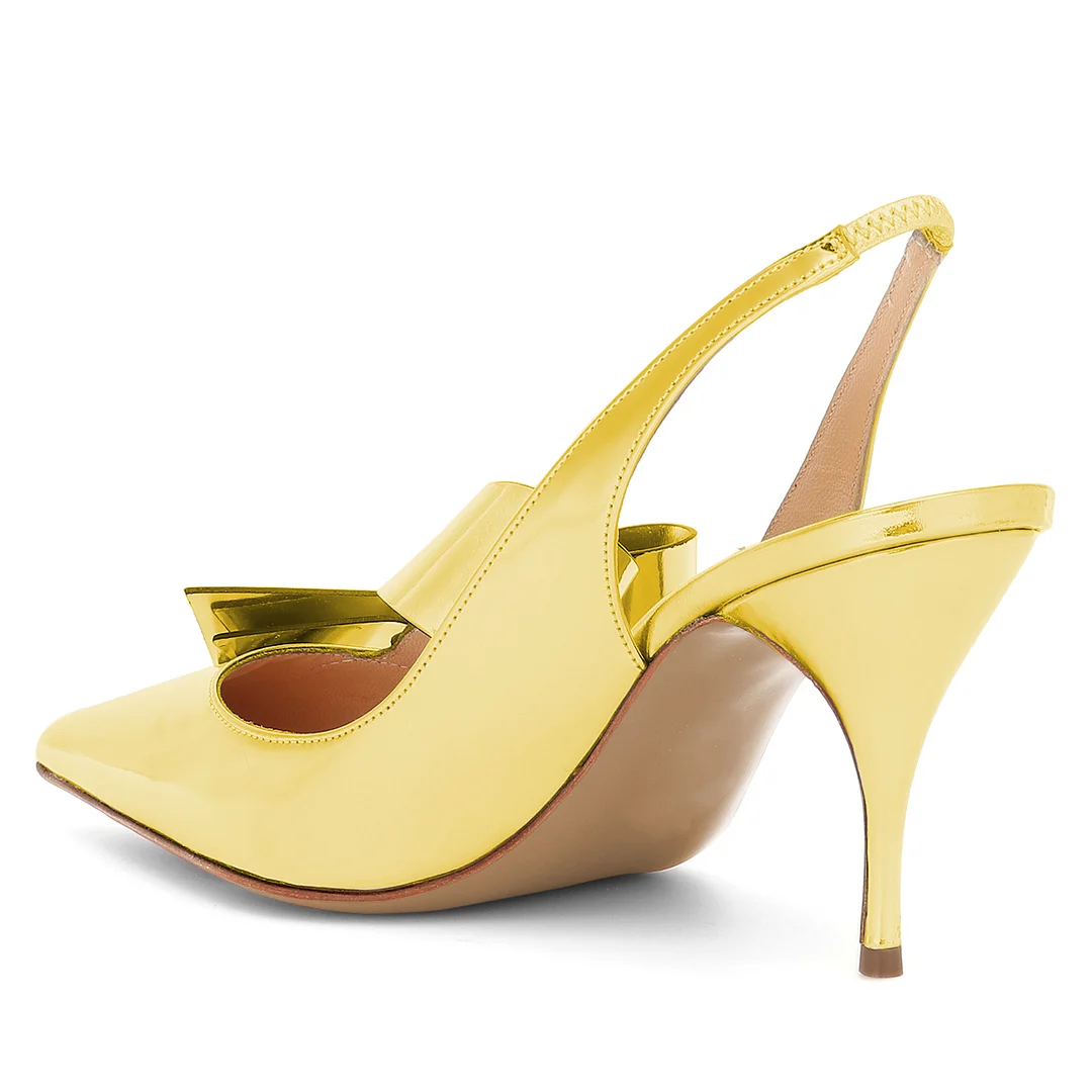 Gold Metallic Touch Pointed Bow Inlay Stiletto Heel Slingback Pumps