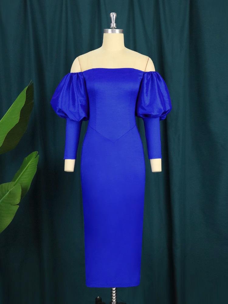 Neosepa-Elegant Strapless Puff Sleeve Simple Slim Royal Blue Party Dress