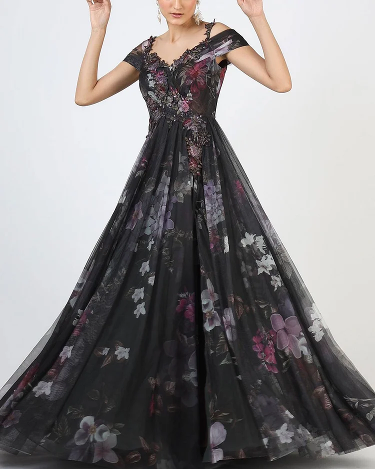 Black Polyester Botanical Print Cold Shoulder Gown