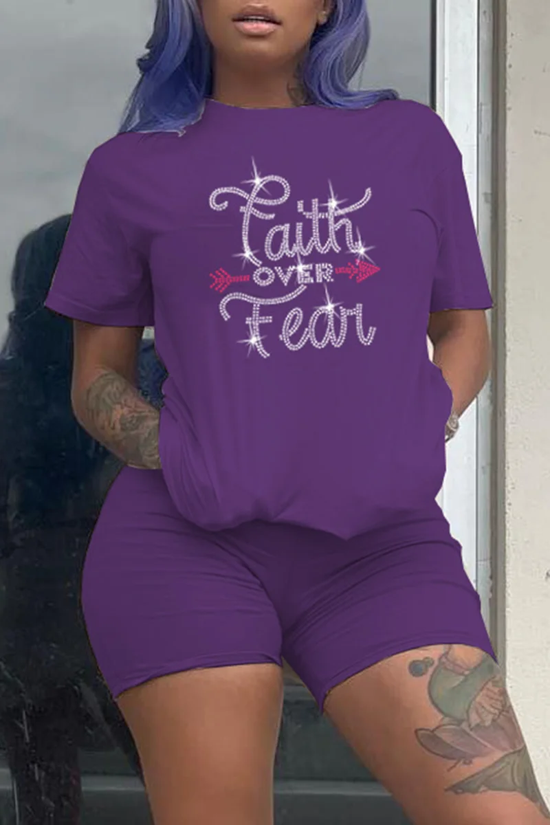Purple Fashion Casual Letter Hot Drill O Neck Short Sleeve Two Pieces | EGEMISS