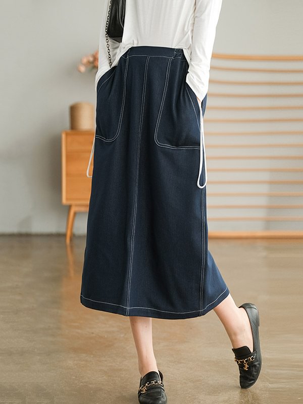Simple Split-Joint Side Pocket A-Line Denim Skirt