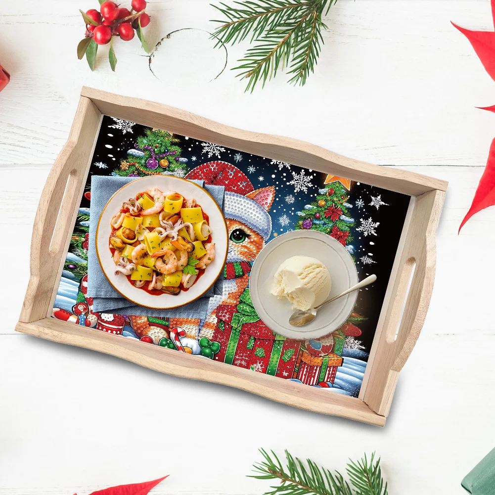 5D DIY Wooden Christmas Cat Tree Diamond Painting Serving Tray for Home Decor