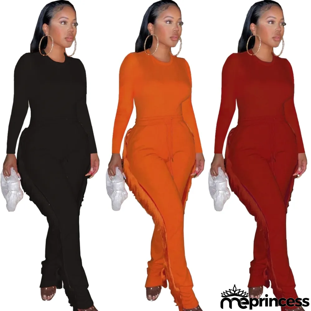 Spring Red Long Sleeve Basic Shirt and Fringe Sweatpants Two Piece Set