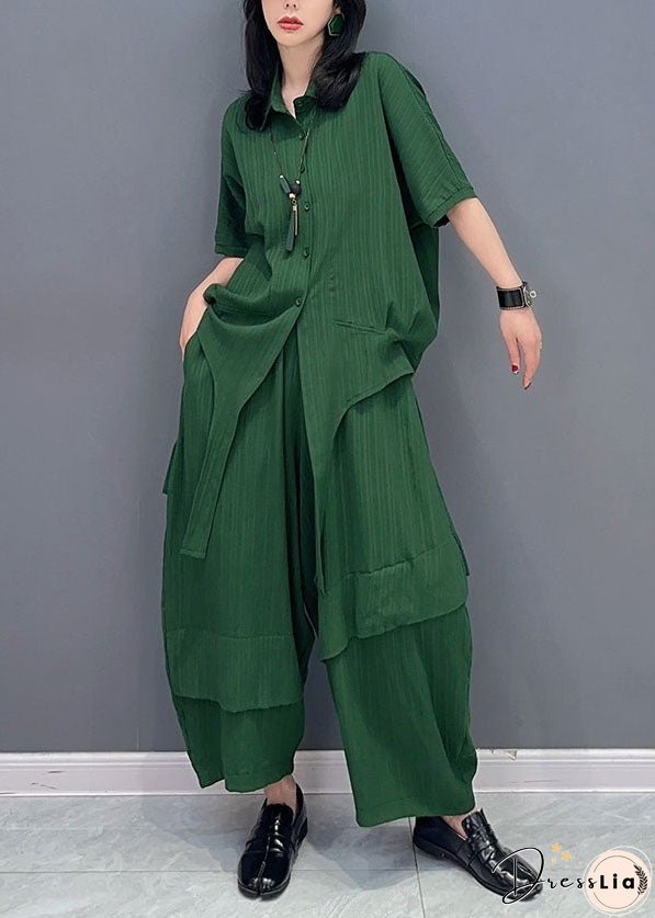 Natural Green Peter Pan Collar Patchwork Tops And Pants Cotton Two Pieces Set Spring