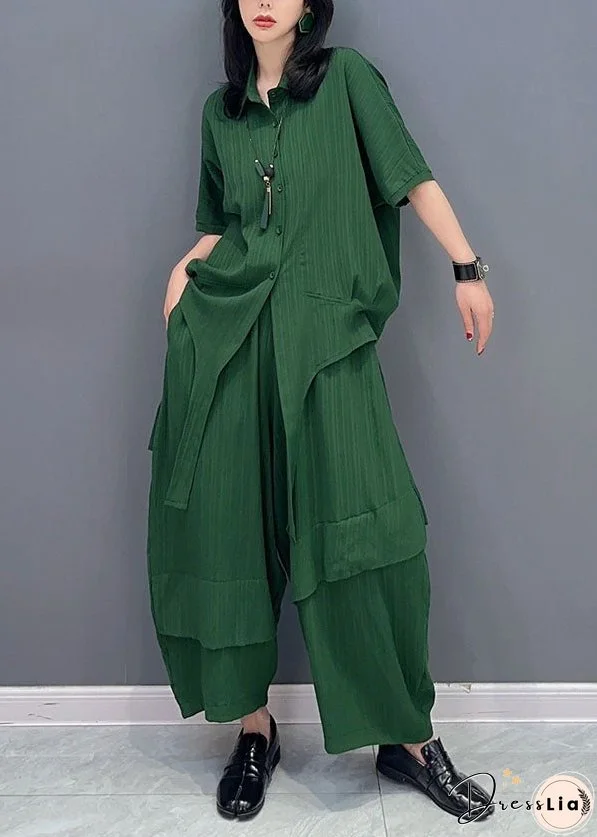 Natural Green Peter Pan Collar Patchwork Tops And Pants Cotton Two Pieces Set Spring