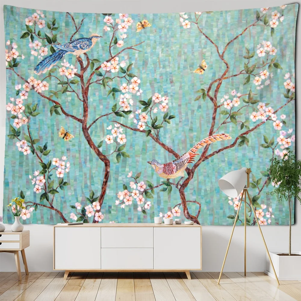 Ink Flower And Bird Painting Tapestry Wall Hanging Bohemian Style Psychedelic Living Room Background Cloth Home Decor