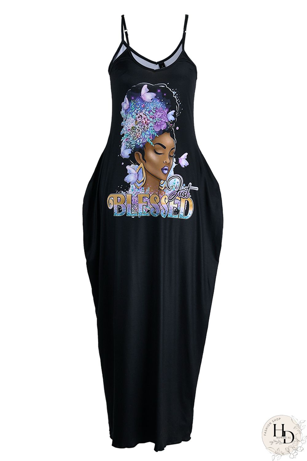 Black Purple Sexy Casual Print Backless Spaghetti Strap Long Dress