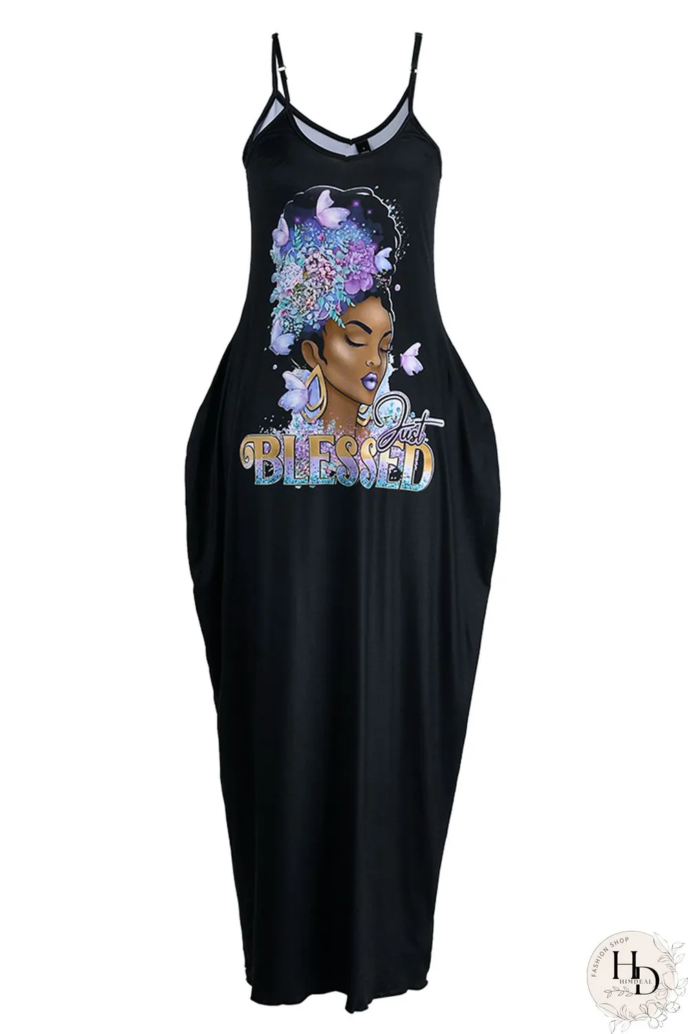 Black Purple Sexy Casual Print Backless Spaghetti Strap Long Dress