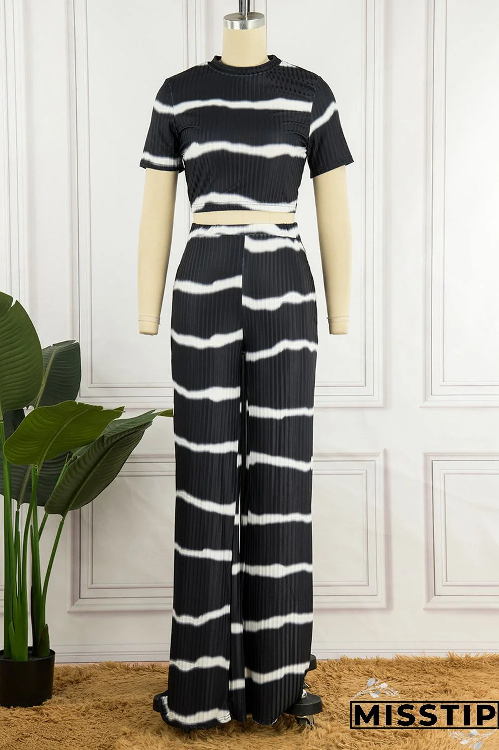 Black Casual Striped Print Basic O Neck Short Sleeve Two Pieces