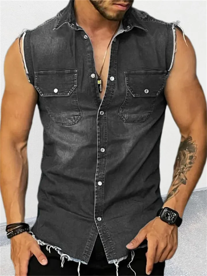 Denim T-shirt Men's Lapel Sleeveless Cardigan Tops Muscle Vests-JRSEE