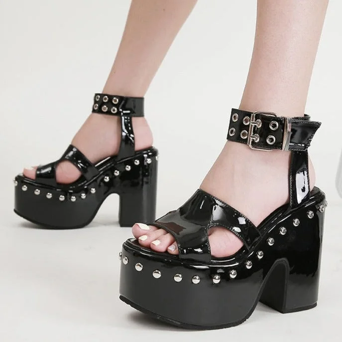 Vstacam Halloween Great Quality Plus Size 43 Chunky High Heel Shoes Black Gothic Cool Summer Platform Sandals Women Ankle Buckle Bright