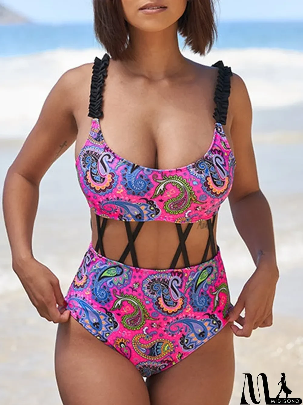MidiSono - Women Printed Off-shoulder U-neck One Piece Swimwear