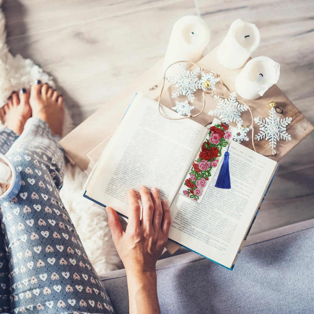 DIY Special Shape Diamond Painting Leather Rose Bookmark Tassel Embroidery