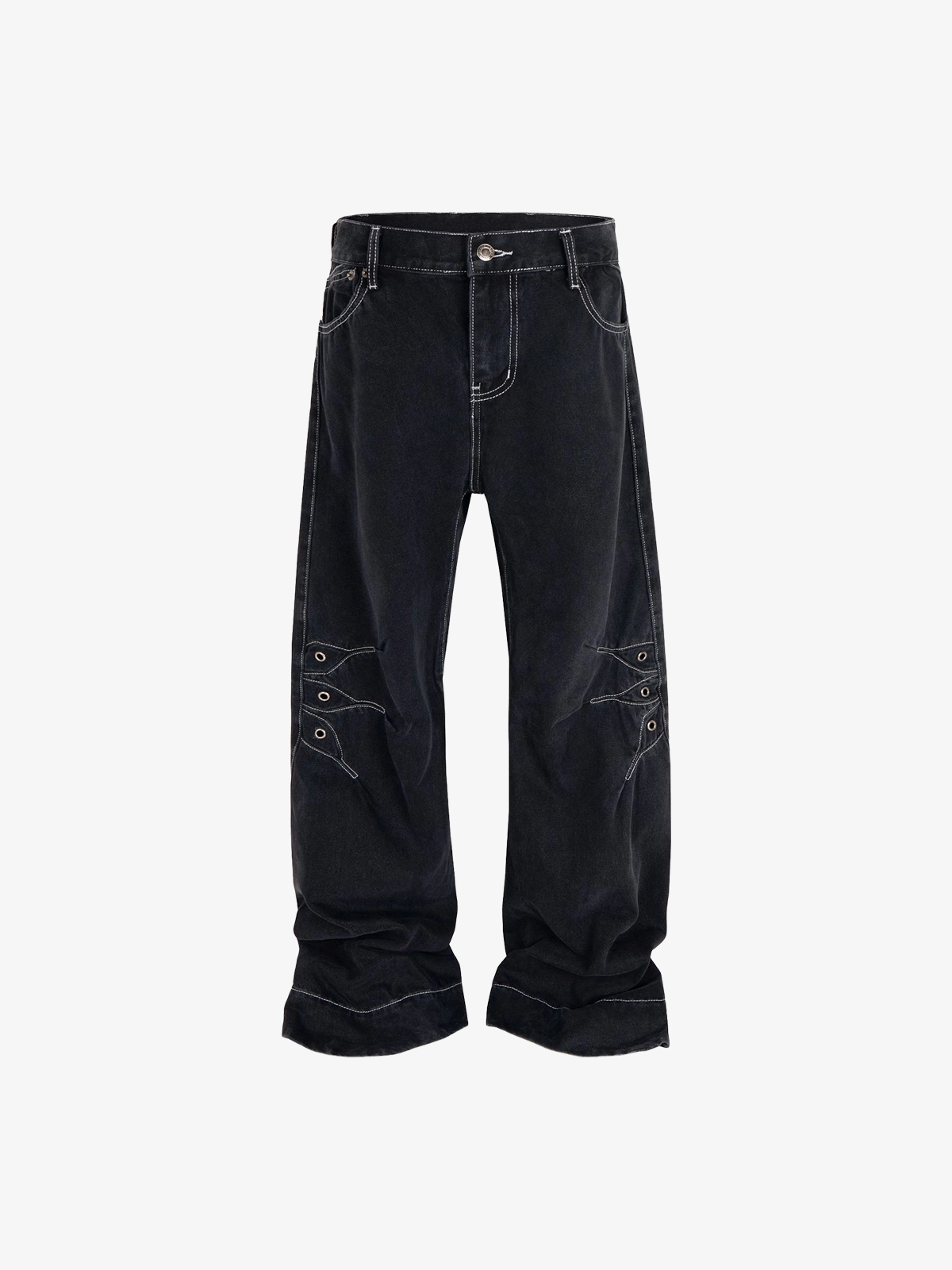 Black Act Chic Deconstructed Creased Patchwork Jeans Front