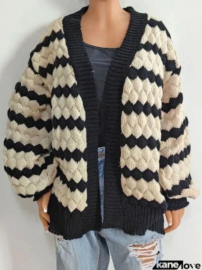 Striped Contrast Open Front Long Sleeve Cardigan
