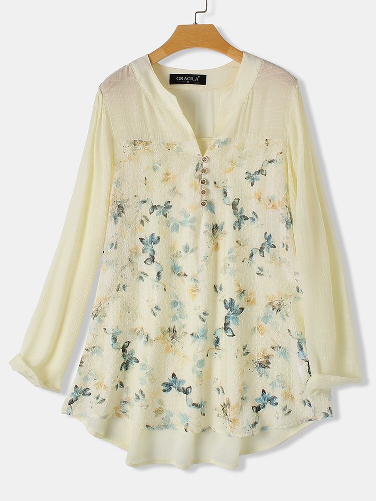 Floral Print Patchwork Long Sleeve Vintage Blouse For Women P1639323