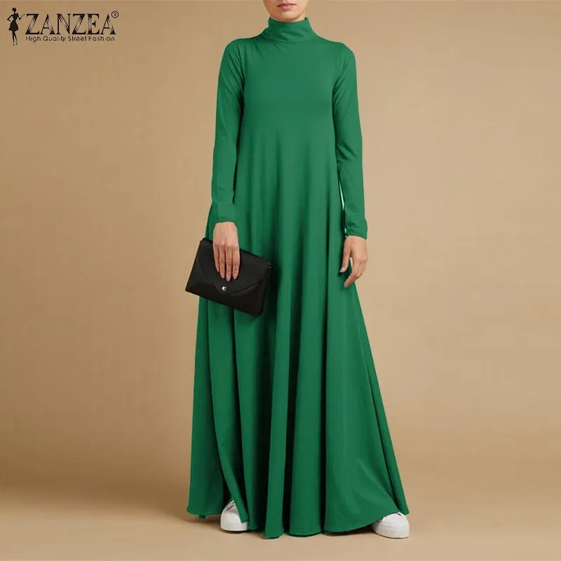Autumn Turtleneck Long Sleeve Sundress Fashion Women Maxi Long Dress Baggy ZANZEA Elegant Solid Casual Vestido Kaftan Robe Femme