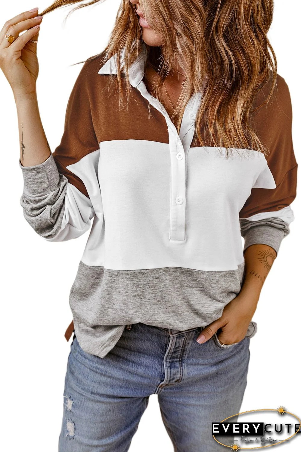 Brown Turn-down Collar Colorblock Pullover Sweatshirt