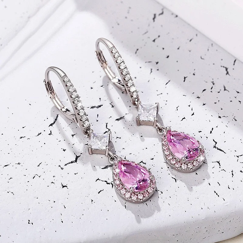 Huitan Temperament Pink Cubic Zirconia Drop Earrings Women Delicate Accessories for Party Fancy Birthday Gift Statement Jewelry