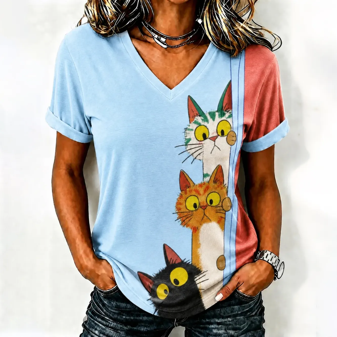 Comstylish Women's Cute Cat Printed Casual T-shirt