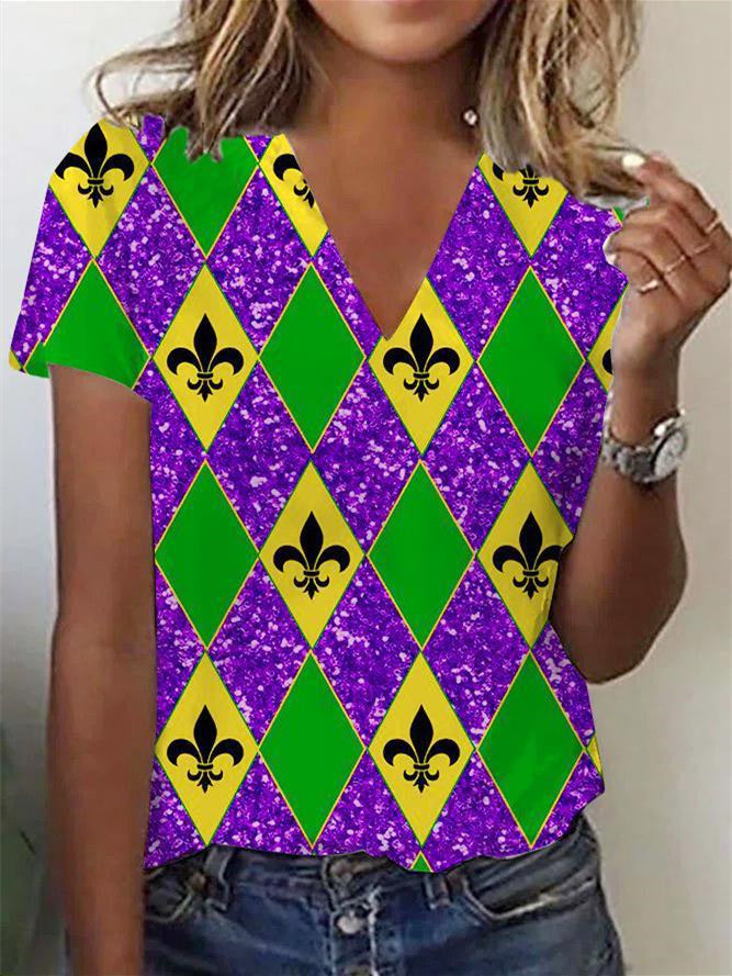 Women Short Sleeve V-neck Printed Graphic Colorblock Geometric Mardi Gras Tops